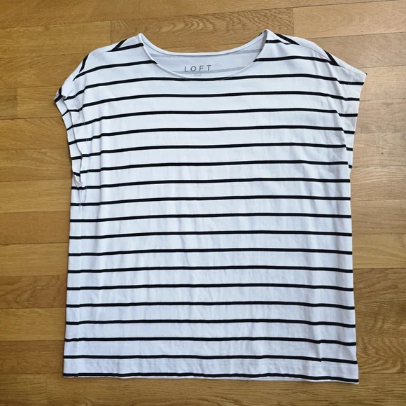 LOFT Petite Modern Wedge Cap Sleeve Tee | White & Black Stripes | Medium - Picture 2 of 7